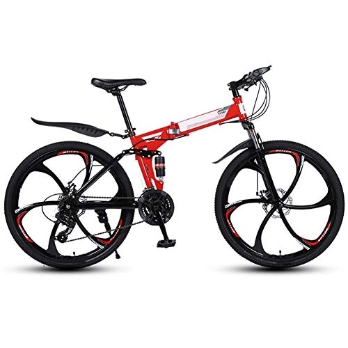 Folding Mountain Bike : WYZDQ 26 Inch Mountain Bike Front And Rear Shock Absorber Bicycle Variable Speed Folding Student Adult Work Outdoor Bike, Red, 6 knife 21 speed