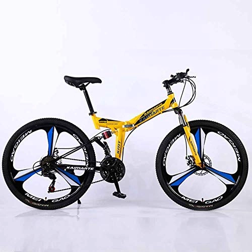 Folding Mountain Bike : XER Mountain Bike, 24 Speed Dual Suspension Folding Bike, with 24 Inch 3-Spoke Wheels and Double Disc Brake, for Men and Woman, Yellow, 24speed