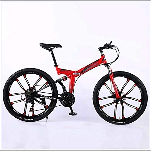 Folding Mountain Bike : XER Mountain Bike 24 Speed Steel High-Carbon Steel 24 Inches 10-Spoke Wheels Dual Suspension Folding Bike for Commuter City, Red, 27 speed