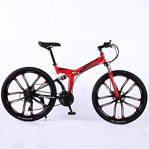 Folding Mountain Bike : XER Mountain Bike Folding Frame MTB Bike Dual Suspension Mens Bike 27 Speeds 26 Inch 10-High-Carbon Steel Bicycle Disc Brakes, Red, 21speed