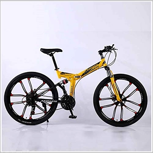 Folding Mountain Bike : XER Mountain Bike Folding Frame MTB Bike Dual Suspension Mens Bike 27 Speeds 26 Inch 10-High-Carbon Steel Bicycle Disc Brakes, Yellow, 24 speed