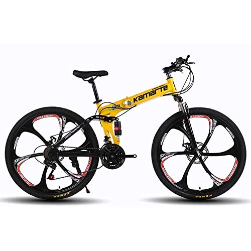 Folding Mountain Bike : XER Unisex Mountain Bike, 24 Speed Dual Suspension Folding Bike, with 26 Inch 6-Spoke Wheels and Double Disc Brake, Yellow, 27speed