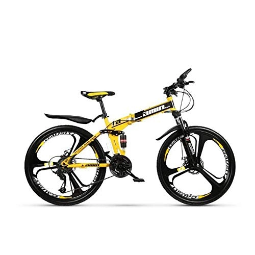 Folding Mountain Bike : XHJZ Mountain Bike Folding Bikes, 21 / 24 / 27 / 30-Speed Double Disc Brake Full Suspension Anti-Slip, Off-Road Variable Speed Racing Bikes for Men And Women, Yellow, 24 speed