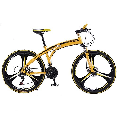 Folding Mountain Bike : XNEQ 26-Inch Folding Shock-Absorbing Mountain Bike with Integrated Wheels And Disc Brakes, Yellow