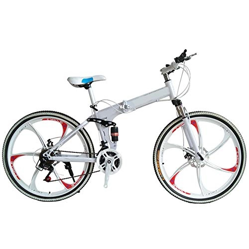 Folding Mountain Bike : XWDQ Double Disc Brakes Double Shock Absorption Foldable One Wheel Adult Men And Women Mountain Bike(White), 27speed