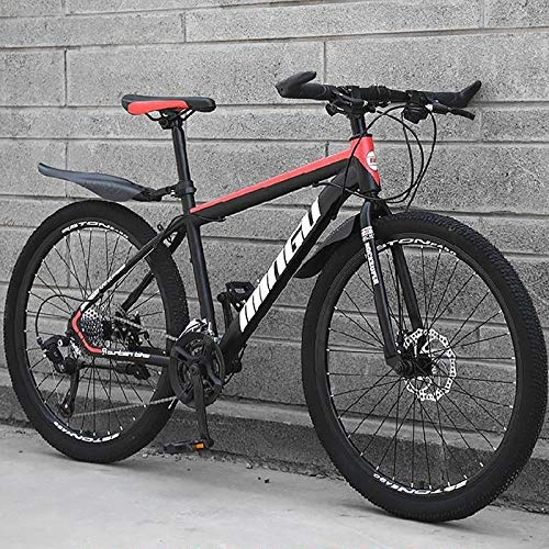 Mountain Bike : 24 Inch Boys Hardtail Mountain Bike, Black And Red Fat Tire Bike Sport Bike, 21-speed Geared Bicycle With Dual Disc Brakes & Fork Suspension