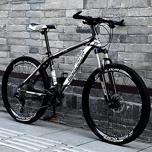 Mountain Bike : 30 Speed Mountain Bikes For Men And Women, 26 Inch High Carbon Steel Frame Mountain Bicycles With Front Suspension Fork And Dual Disc Brakes, Outroad Mountain Bicycle With Adjustable (Color:Black white)