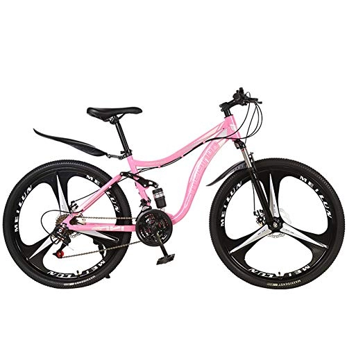 Mountain Bike : Adult Mountain Bikes 26 Inch Mountain Trail Bike, Full Suspension Frame Bicycles, 27 Speed Gears Dual Disc Brakes Mountain Bicycle, Pink