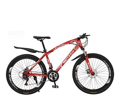 Mountain Bike : ALQN Bicycle Mountain Bike for Mens Womens, High Carbon Steel Frame, Spring Suspension Fork, Double Disc Brake, PVC Pedals and Rubber Grips, Red, 26 inch 27 Speed