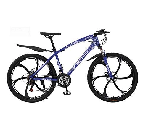 Mountain Bike : ALQN Bicycle Mountain Bike, High-Carbon Steel Frame and Suspension Fork, Double Disc Brake, PVC Pedals, Blue, 26 inch 24 Speed