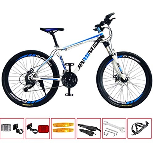 Mountain Bike : GL SUIT 30-Speed Mountain Bike Bicycle for Adult, Lightweight Carbon Steel Frame, Dual Disc Brakes, Front+Rear Mudgard, Hard Tail, Unisex, White Blue, 26 inches