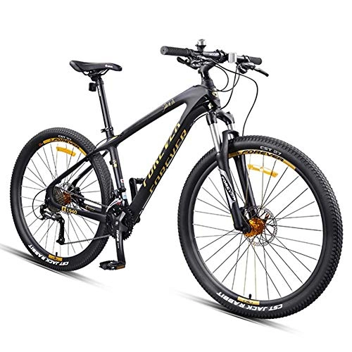 Mountain Bike : GONGFF 27.5 Inch Mountain Bikes, Carbon Fiber Frame Dual-Suspension Mountain Bike, Disc Brakes All Terrain Unisex Mountain Bicycle, Gold, 27 Speed