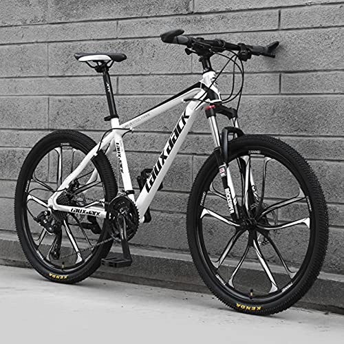 Mountain Bike : GREAT Adults Mens Mountain Bike 26" 10-Spoke Wheels Carbon Steel Frame 21 / 24 / 27 Speed Full Suspension Bicycle Dual Disc Brake MTB(Size:24 speed, Color:White)