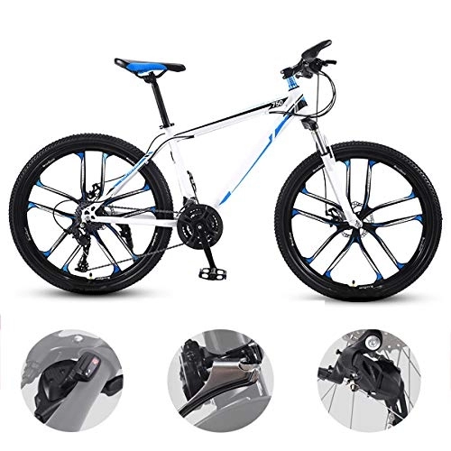 Mountain Bike : GUOHAPPY 26-inch mountain bike, bearing 330lbs(170-185cm), mountain bike with variable speed disc brake and shock absorption, adult student bike at 21 / 24 / 27 / 30 speed, white blue, 30