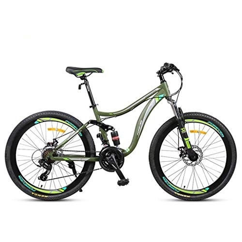 Mountain Bike : GXQZCL-1 26inch Mountain Bike, Carbon Steel Frame Mountain HardtailBicycles, Double Disc Brake and Full Suspension, 24 Speed MTB Bike (Color : Green)