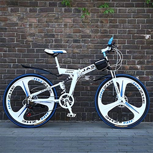 Mountain Bike : JLFSDB Mountain Bike, 26 Inch Foldable Carbon Steel Frame Hardtail Bike, Full Suspension And Dual Disc Brake, 21 Speed (Color : White)