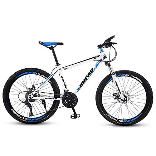 Mountain Bike : JLFSDB Mountain Bike, Carbon Steel Frame Hardtail Mountain Bicycles, Double Disc Brake And Front Fork, 26 Inch Spoke Wheel (Color : White+Blue, Size : 21-speed)