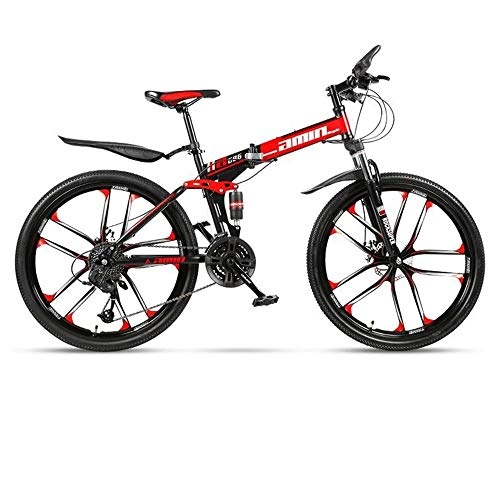Mountain Bike : JLFSDB Mountain Bike, Folding Men / Women Hardtail Bike, Carbon Steel Frame Full Suspension Dual Disc Brake, 26 Inch Wheels (Color : Red, Size : 21 Speed)