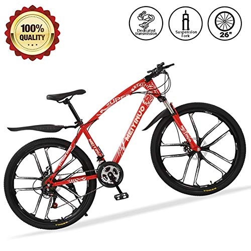 Mountain Bike : KaiKai 26" Men's Mountain Bike 27 Speed Front Suspension Dual Disc Brakes Student Bicycle Lightweight High-Carbon Steel Off-Road Bike with Front Rear Mudgard, Red, 30 spokes