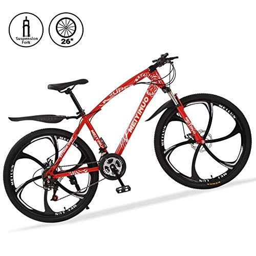 Mountain Bike : KaiKai M-TOP 26" Hardtail Mountain Bike, 21 Speed Gravel Road Bike with Double Disc Brake, Suspension Fork, Carbon Steel Frame, Orange, 30 spokes (Color : Red, Size : 6 spokes)
