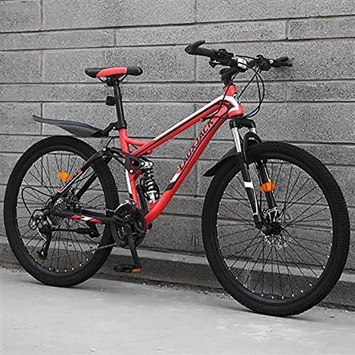 Mountain Bike : KKLTDI Mountain Bike Bicycle, Dual Disc Brake Full Suspension Mountain Bicycle, High Carbon Steel Men Women Off-road Mountain Bikes Red 24", 24-speed