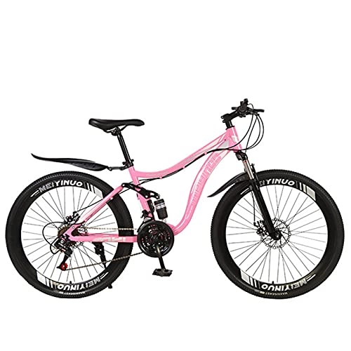 Mountain Bike : Mountain Bike，26 Inch 27 / 24 / 21 Speed Road Bicycle Carbon Steel Frame Double Shock-absorbing Cross-country Soft Tail Offroad Cycling Men Woman Racing Ride Pink spoke wheel- 24spd