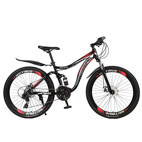 Mountain Bike : Mountain Bike, 26 Inch 27 Speed Double Disc Brake Bicycles with High Carbon Steel Frame, Full Suspension MTB, Magnesium Wheel, Black Red