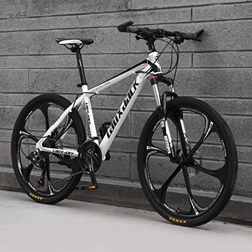 Mountain Bike : Mountain Bike, 26-Inch 6-Spoke Wheel, High Carbon Steel Hard Tail Frame, Double Disc Brake Off-Road Bicycle, Adult Variable Speed Racing, white black-21 speed