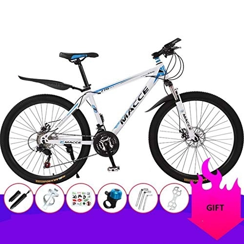 Mountain Bike : Mountain Bike, Steel Frame Mountain Bicycles, Double Disc Brake and Front Suspension, 26inch Spoke Wheel (Color : White+Blue, Size : 21 Speed)