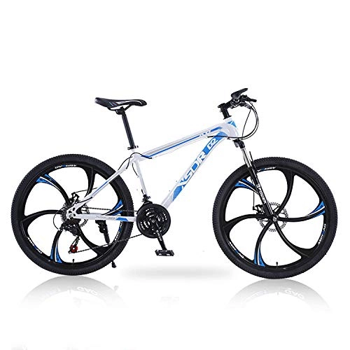 Mountain Bike : peipei 26-inch 21-speed, 24-speed, 27-speed three-speed / six-speed / ten-speed wheel front and rear double disc brake mountain bike-White and blue six knife wheels_24 inch 24 speed