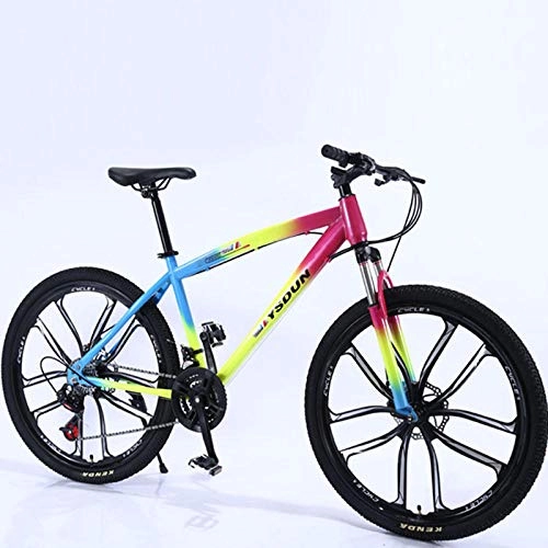Mountain Bike : peipei Mountain bike male student youth racing female speed double disc brake shock absorption road adult bicycle-Rainbow color_24 speed