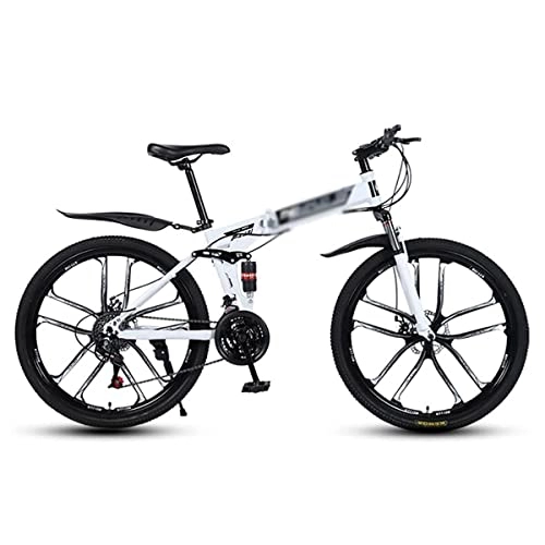 Mountain Bike : Professional Racing Bike, 26 inch Mountain Bike Carbon Steel Frame Disc-Brake 21 / 24 / 27 Speed with Full Suspension for Men Woman Adult and Teens / White / 21 Speed (Color : White, Size : 21 Speed)
