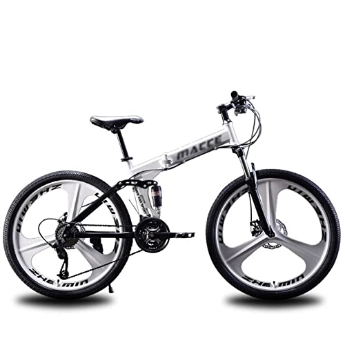 Mountain Bike : QCLU 24 / 26 inch Mountain Bike Off- road 21 speed Mountain Bike in Carbon Steel Full Suspension Mountain Bike for Adults Shock Absorption (Color : White, Size : 24 inch)