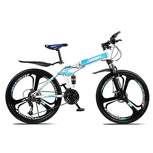 Mountain Bike : Qj Dual Suspension Mens Bike 26inch 3-Spoke Wheels High-carbon Steel Frame Bicycle with Disc Brakes, Blue, 24Speed