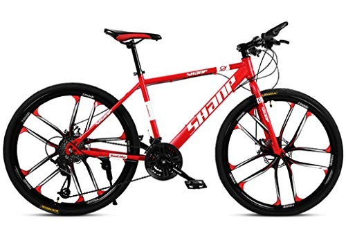 Mountain Bike : Qj Mountain Bike, 26" inch 10-Spoke Wheels High-carbon Steel Frame, 21 / 24 / 27 / 30 speed Adjustable MTB Bike With Disc Brakes and Suspension Fork, Red, 24Speed