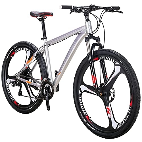 Mountain Bike : QQW Mountain Bike for Mens, Aluminum Frame Mountain Bikes, 21 Speed, Dual Disc Brakes, Front Suspension, Mens Bicycle Adults / 3-Spoke SIL