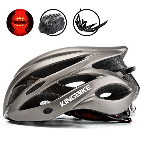 Mountain Bike Helmet : KING BIKE Cycle Helmet Mens Womens Adults Bicycle Bike Cycling Helmets for Men Ladies Women with Safety Rear Led Light and Helmet Packpack Lightweight(Titanium&Golden, XL:59-63CM)