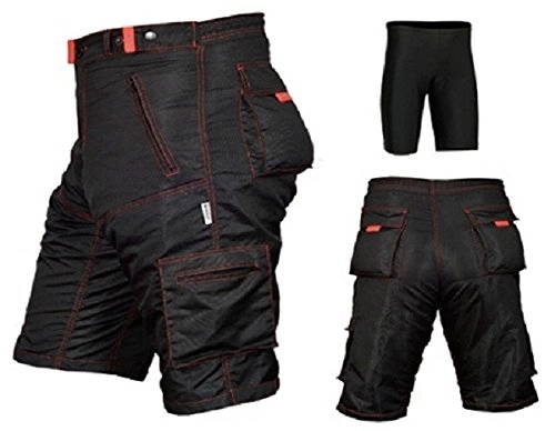Mountain Bike Short : ProAthletica MTB Baggy Cycling Shorts, Cycle, Mountain Bike, Off Road, CoolMax Padded Inner Lycra Liner (Black / Red Stitching) XXL (Black / Red Stitching, XXL (38"-40") waist)