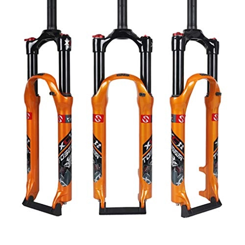Mountainbike Gabeln : MTB Fahrrad Vorderradgabel, Ultraleichte Aluminiumlegierung SuspensionAir Gabel 1-1 / 8 „(28, 6 mm) Gerade Rohr Schulter Steuerscheibenbremse, Orange-29inch