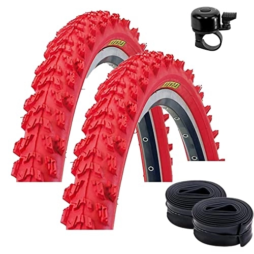 Mountainbike-Reifen : 2 x Kenda K-829 Psycho 24" MTB Fahrradreifen Fahrradmantel in Rot 50-507 (24 x 1.95) + 2 passende Schläuche AV inkl. Fahrradklingel