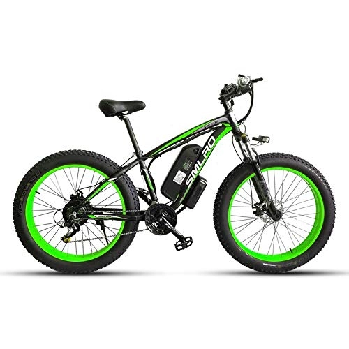 Elektrische Mountainbike : JUYUN 350W Elektrofahrrad, Elektrisches Mountainbike, 26 Zoll Fettreifen E-Bike, 21-Gang Getriebesystem Beach Cruiser, 48V 15Ah Lithium-Akku, Scheibenbremsen, Black Green