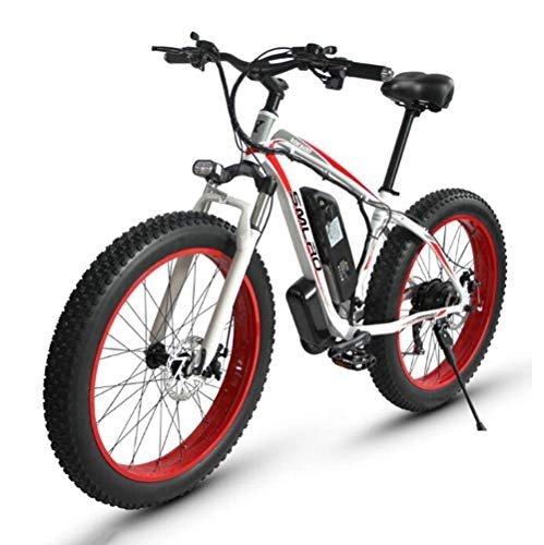 Elektrische Mountainbike : ONLYU Electric Mountain Bikes, 26 * 4.0 Zoll Fat Tire Bike Elektro Schnees Mit Akkuverriegelung 48V 15Ah Mit Hohen Kapazität 27-Gang-Scheibenbremse Lithium-Batterie, White red
