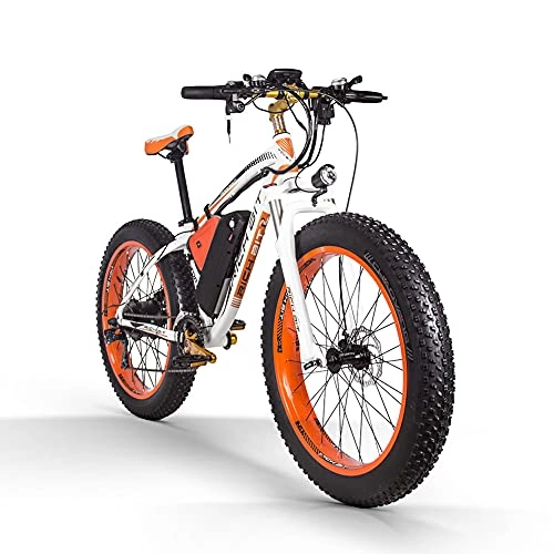 Elektrische Mountainbike : RICH BIT Elektrofahrrad Herren TOP-022 26"Elektro Mountainbike 48V 12.5AH Lithium Batterie Großer Reifen Schnee Ebike (Orange)