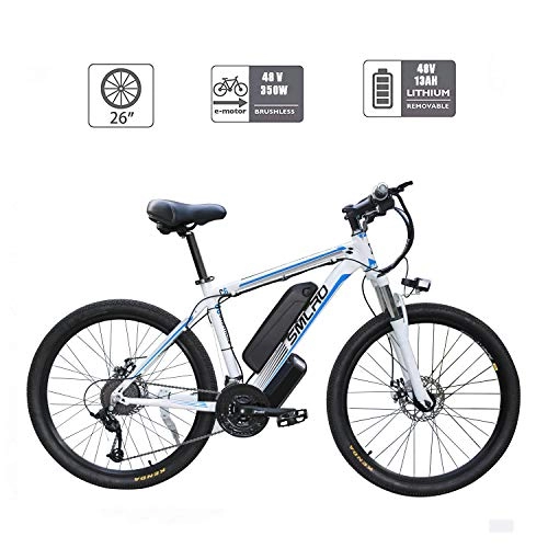 Elektrische Mountainbike : UNOIF Bike Mountainbike elektrisches Fahrrad mit 21-Gang-Shimano-Übertragungssystem, 350W, 13AH, 36V-Lithium-Ionen-Akku, 26" Zoll, Pedelec City Bike Leichte, White Blue