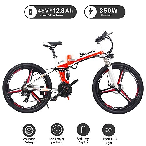 Elektrische Mountainbike : XXCY M80 26 'E-Bike MTB 48V 350W Männer Folding Ebike 21 Geschwindigkeiten Mountain & Road Fahrrad mit 26 Zoll Reifen, Scheibenbremse und Gabelfeder (Orange)