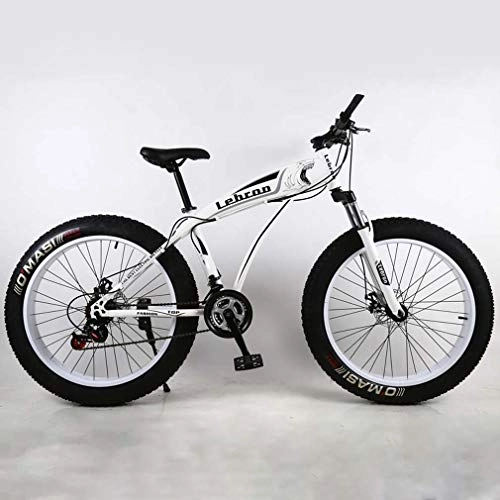 Fat Tire Mountainbike : AISHFP Fat Tire Adult Mountainbike, leichte Cruiser-Bikes mit hohem Kohlenstoffgehalt, Beach-Schneemobil-Herrenfahrrad, 26-Zoll-Doppelscheibenbremse, Weiß, 27 Speed