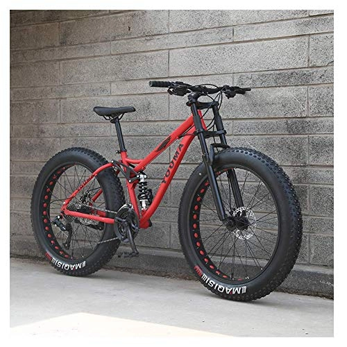 Fat Tire Mountainbike : FANG 26 Zoll Mountainbike, Erwachsenen Jugend Hardtail MTB, Rahmen aus Kohlenstoffstahl, Großer Reifen Vollfederung Mountain Bike, Rot, 27 Speed