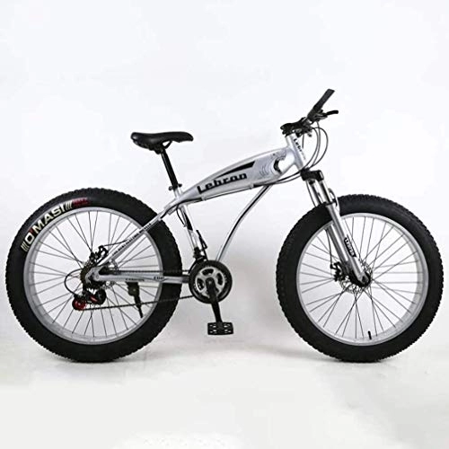Fat Tire Mountainbike : GLJY Fat Tire Adult Mountainbike, leichte Cruiser-Bikes mit hohem Kohlenstoffgehalt, Beach Snowmobile Herrenfahrrad, Doppelscheibenbremse 26-Zoll-Räder, Silber, 7speed