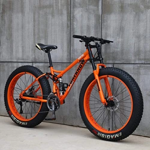 Fat Tire Mountainbike : J&LILI Mountainbike, 26 Zoll (66 cm), Mjh-01, Erwachsene, Fat Tire Bike, 21-Gang-Fahrrad, Rahmen Aus Karbonstahl, Doppelte Vollfederung, Doppelte Scheibenbremse, Orange