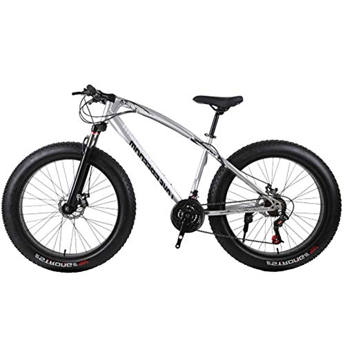 Fat Tire Mountainbike : Leader Mountain Bikes, 26-Zoll-High Carbon Steel 24Speed, Doppelscheibenbremsen, 4, 0-Zoll-Breitreifen Snow Beach Fahrräder für Männer und Frauen im Freien, Bright Silver